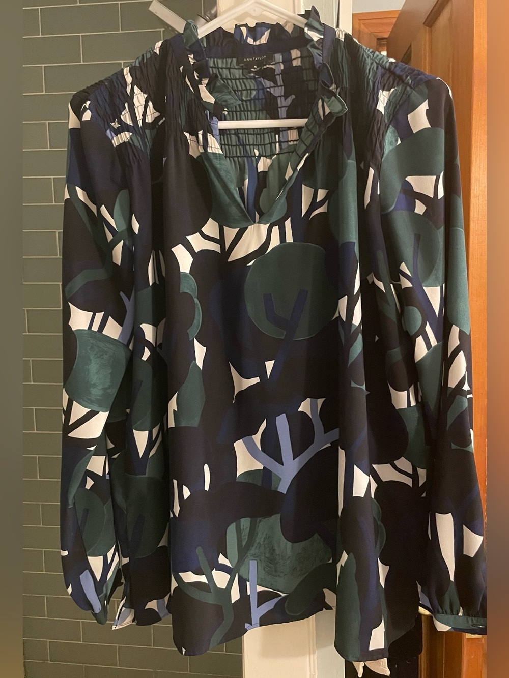 Ann Taylor Blouse Floral Design in Navy, Olive & Cream